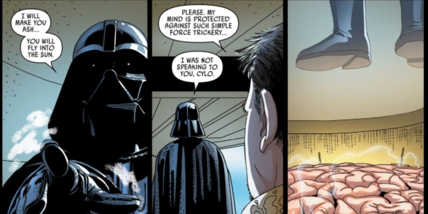 Darth Vader uses the Force and a Jedi Mind Trick to fly Cylo’s capital ship into the sun in the Darth Vader comic