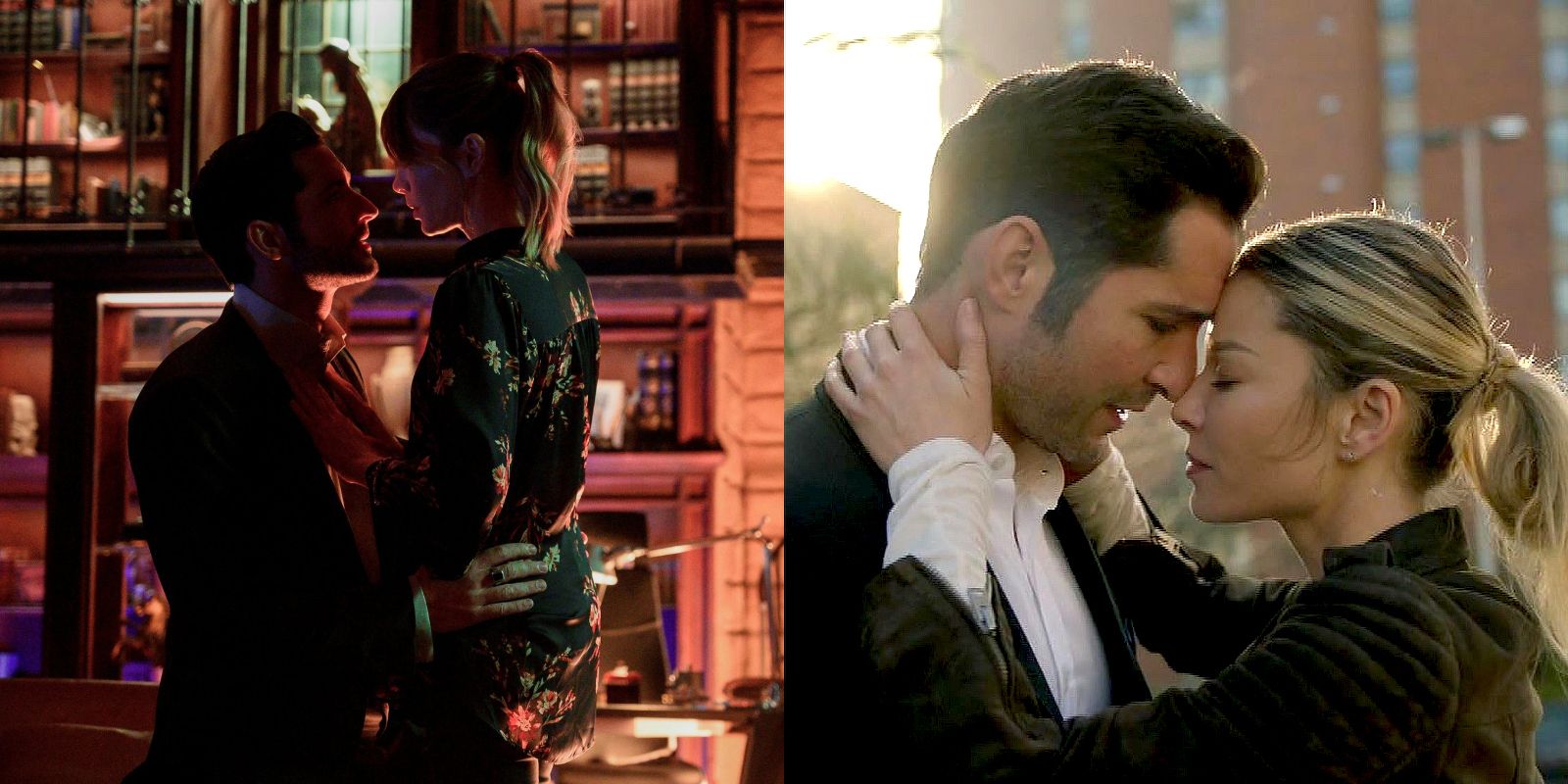 Split image of Lucifer and Chloe nearly kissing in two different scenes