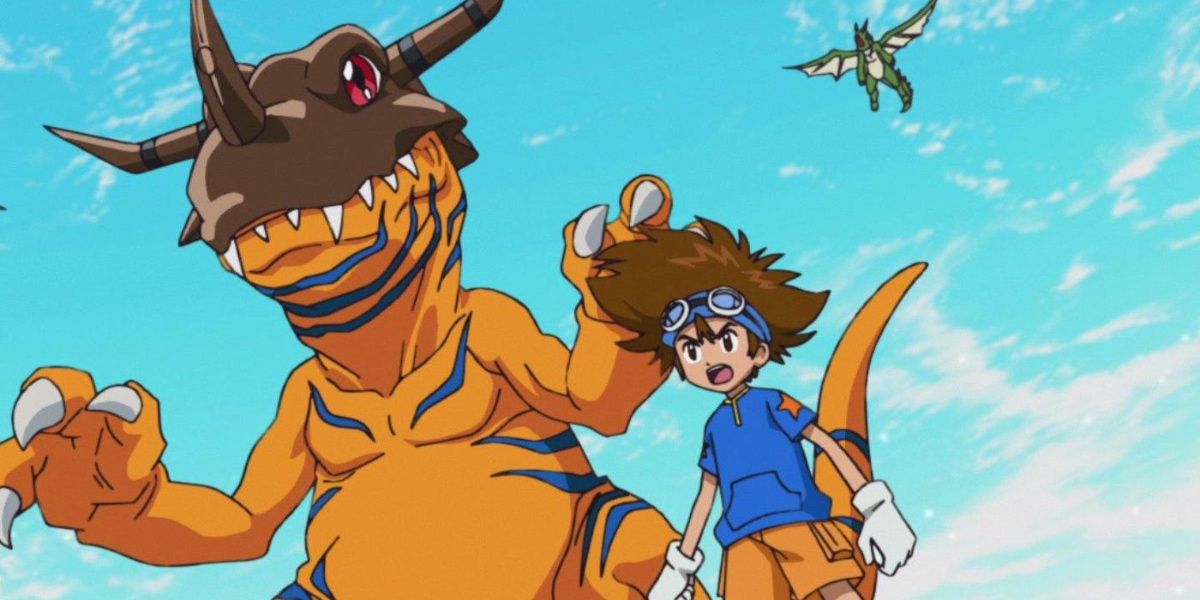 Tai and upgraded version of Agumon in battle in Digimon Adventure