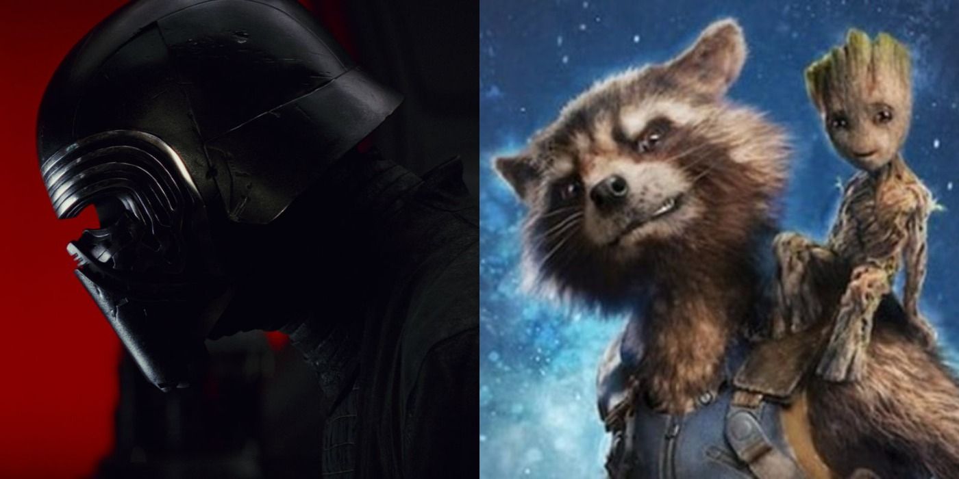 Two side by side images of Darth Vader and Rocket Racoon and Groot.