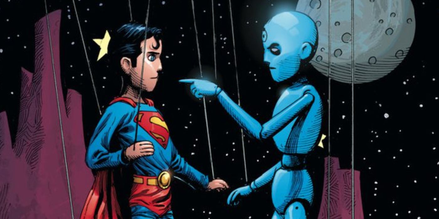 Doctor Manhattan and Superman as puppets on the cover of Doomsday Clock