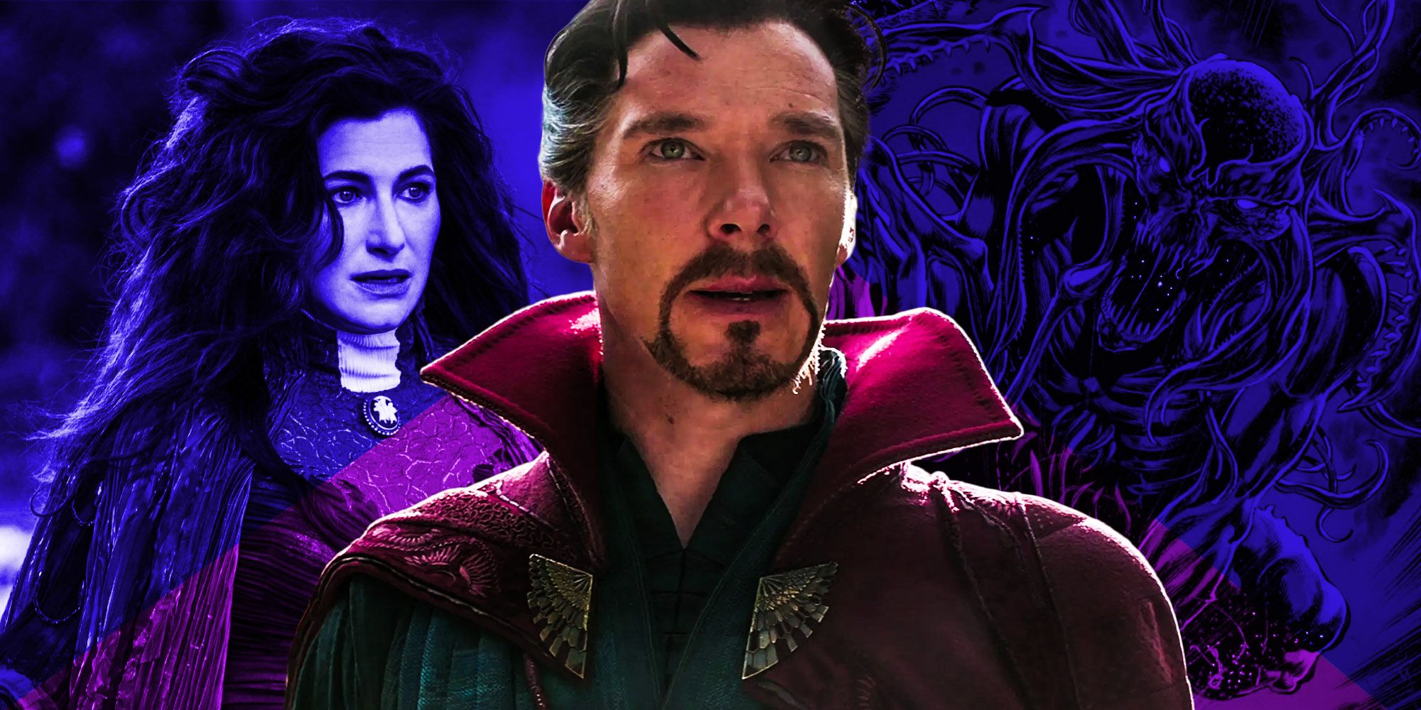 split image of Agatha Harkness and Doctor Strange from MCU and Chthon from Marvel Comics