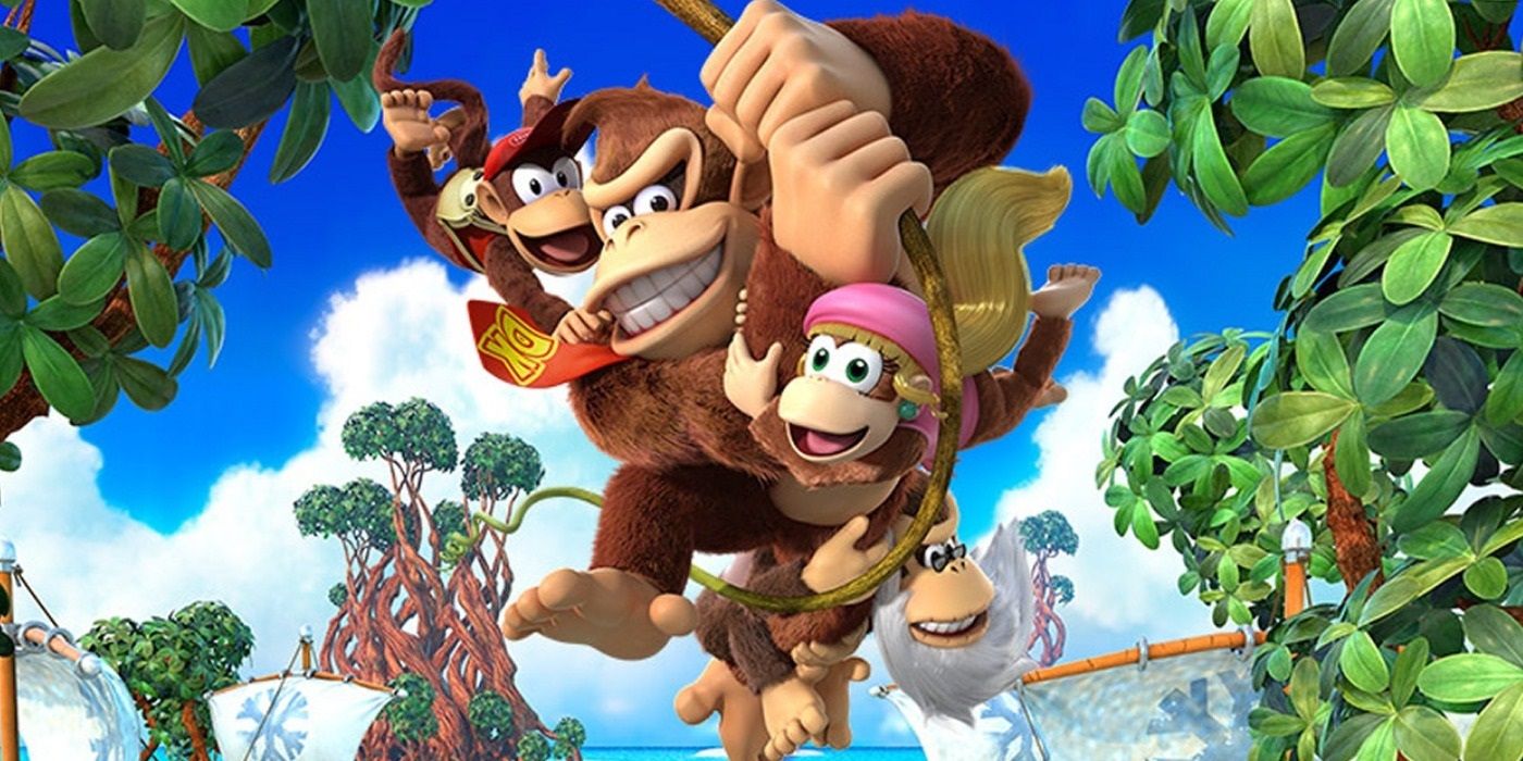 Donkey Kong, Diddy Kong, Dixie Kong, and Cranky Kong swinging on a vine in Donkey Kong Country Tropical Freeze poster