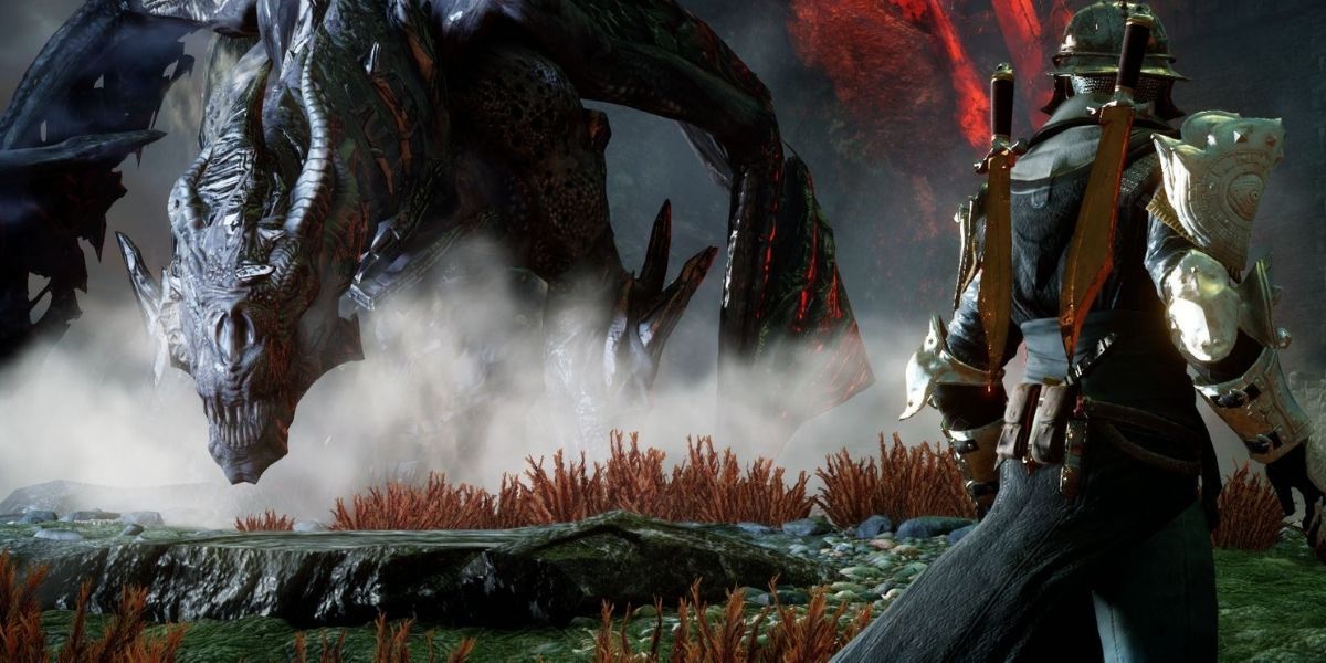 The Inquisitor encounters Corypheus's lyrium dragon for the first time in Dragon Age Inquisition.