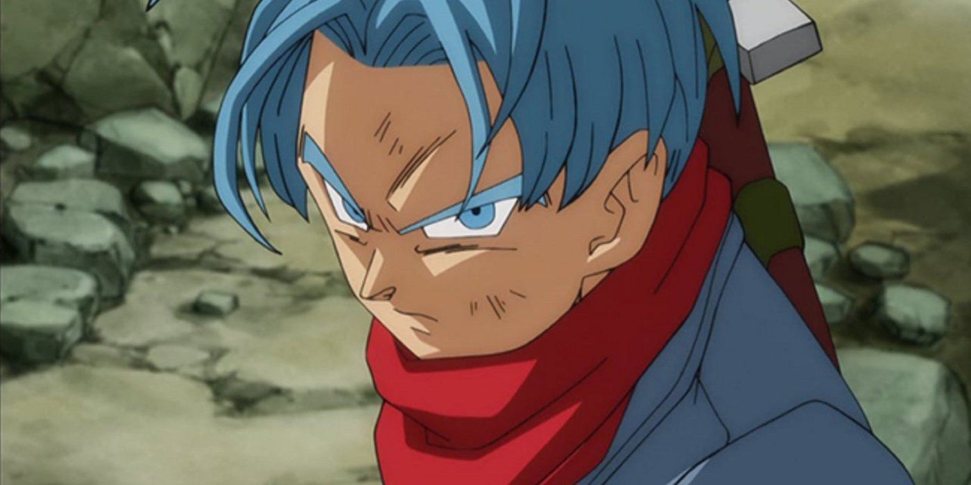 Future Trunks frowning and looking angry in Dragon Ball Super