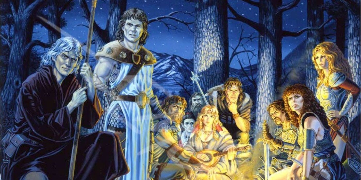 Artwork of a D&D party sitting around a campfire in a wooded area.