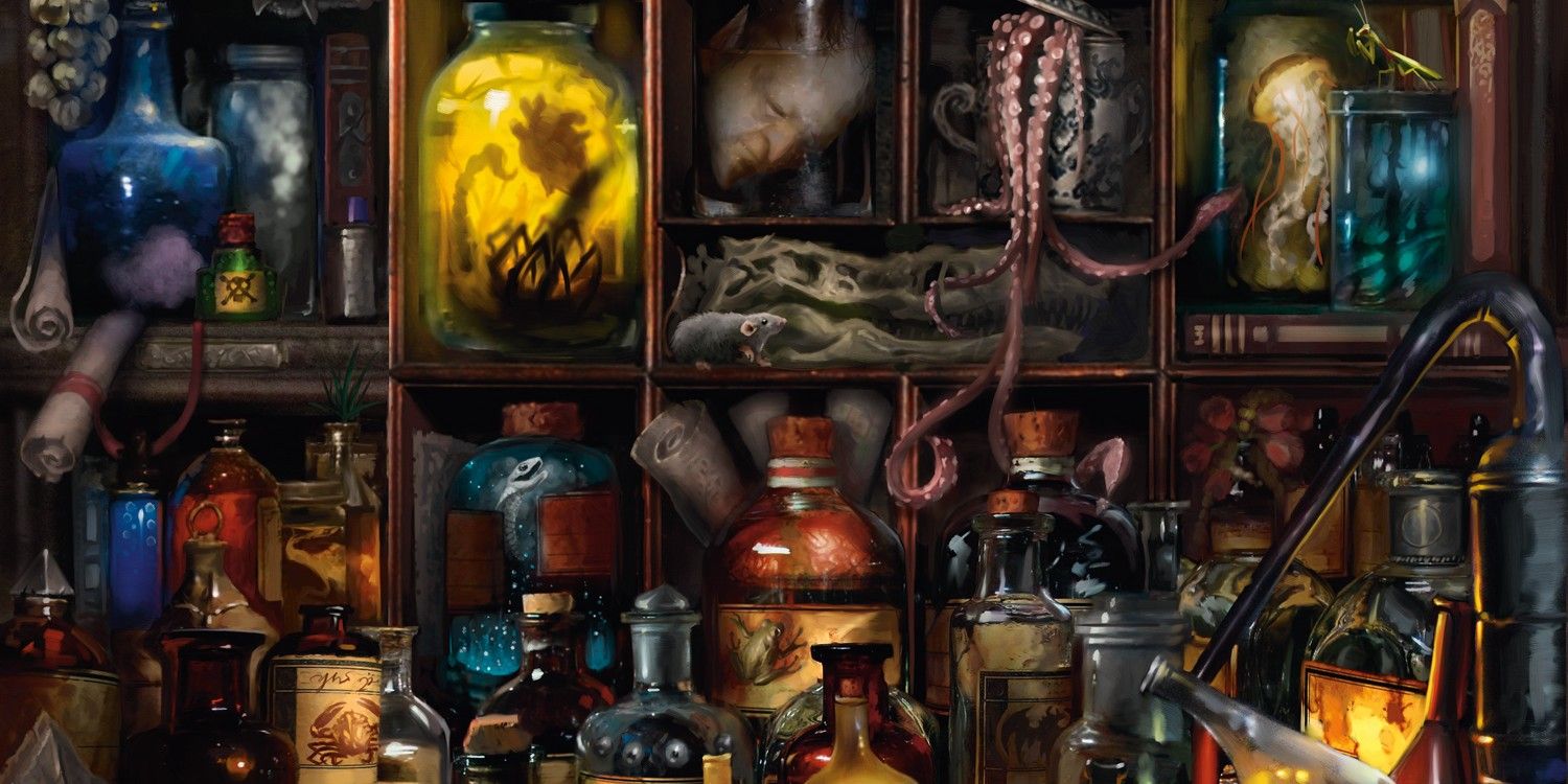 An illustration showing a number of different potions and magical items D&D players might encounter.