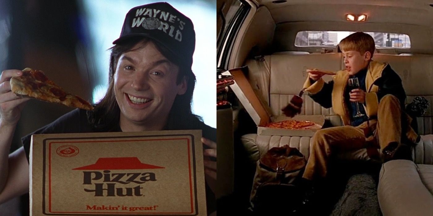 Split image of Wayne eating pizza in Wayne’s World and Kevin eating pizza in Home Alone 2