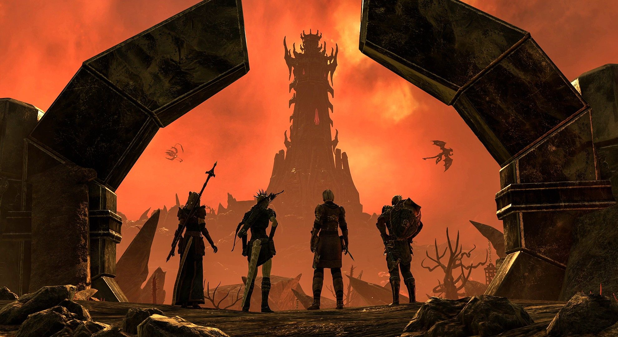 A group of players enter an Oblivion Portal in Elder Scrolls Online: Blackwood