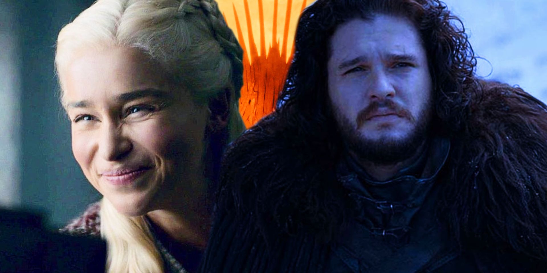 Emilia Clarke as Daenerys, Kit Harington as Jon Snow, and the Iron Throne in Game of Thrones finale