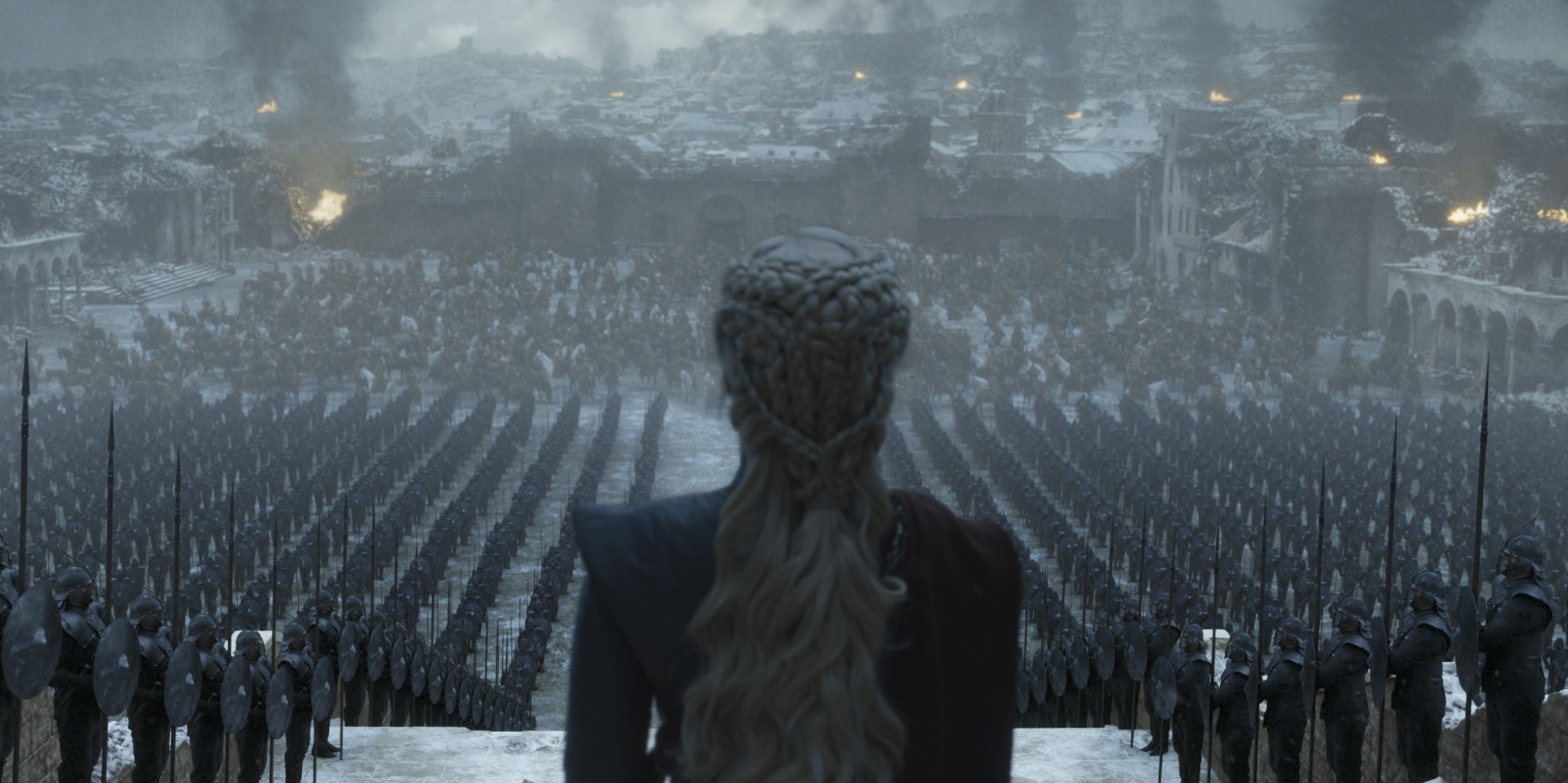 An image of Daenerys Targaryen standing in front of the Dothraki in Game of Thrones