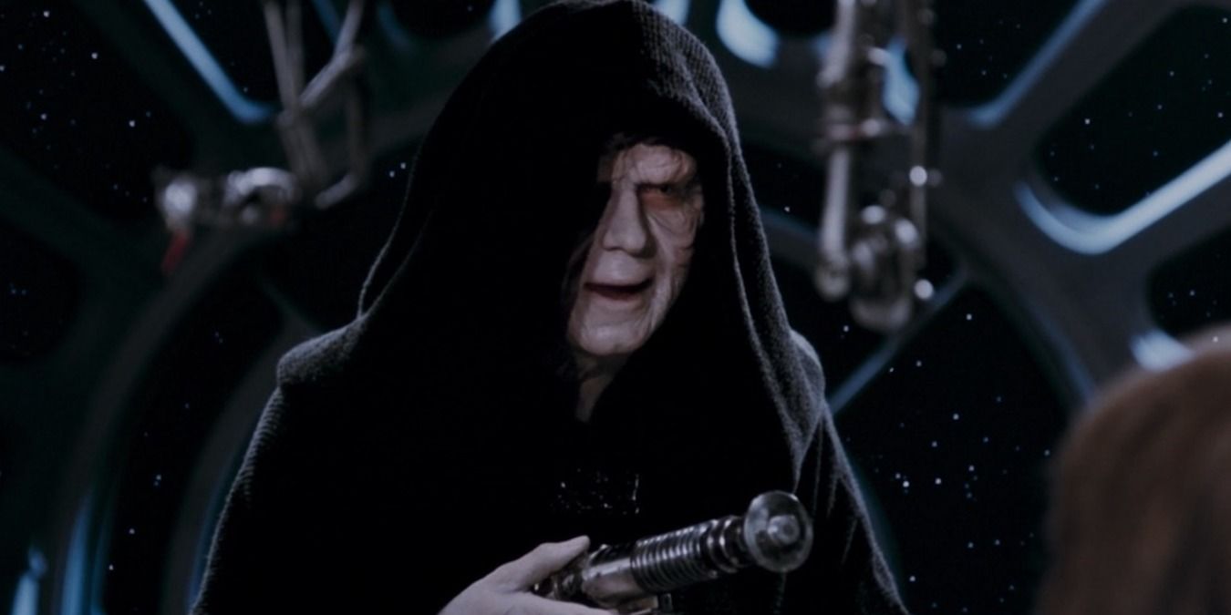 Emperor Palpatine in his room, holding out a light saber