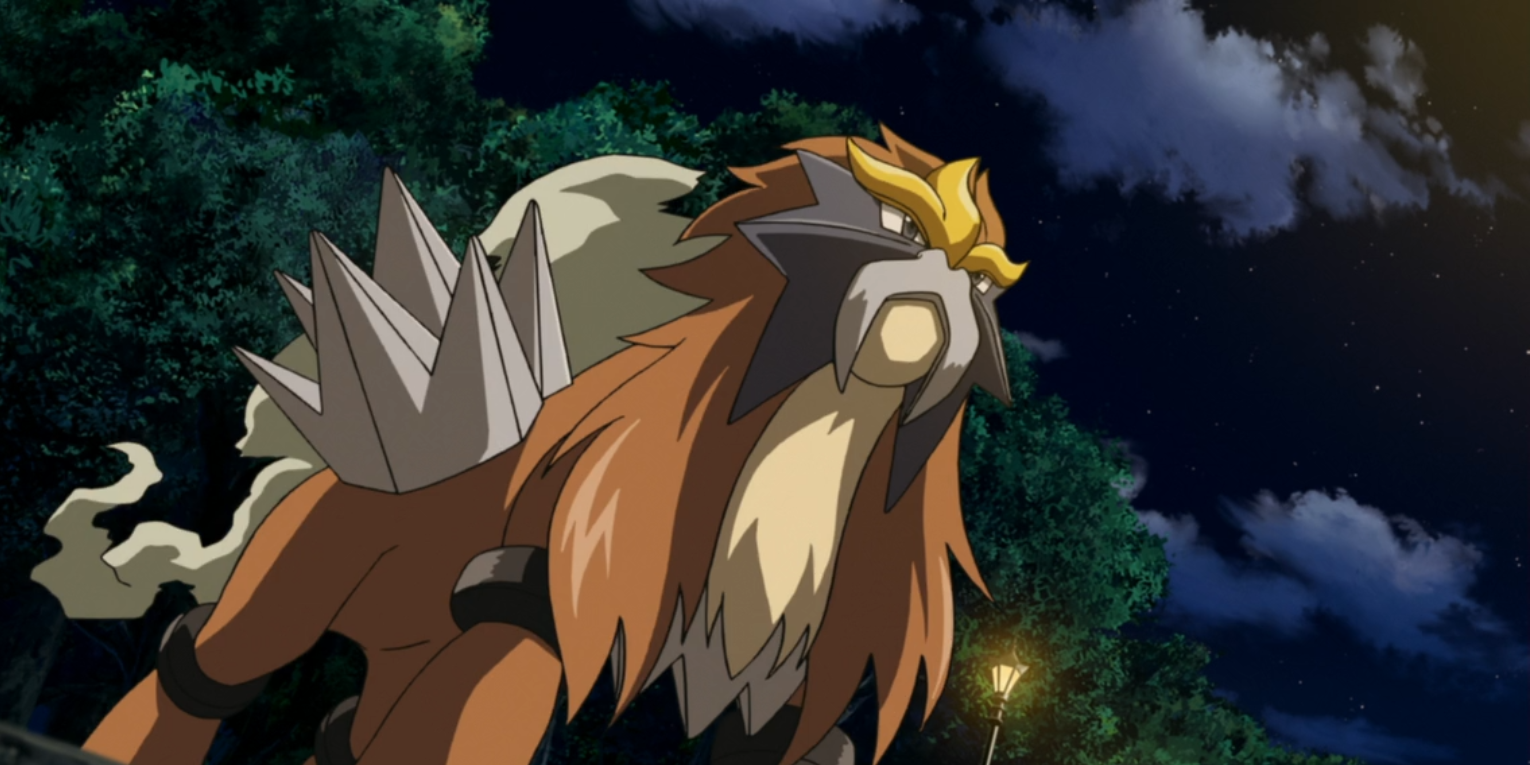 Entei looks up at the night sky in the Pokemon anime.
