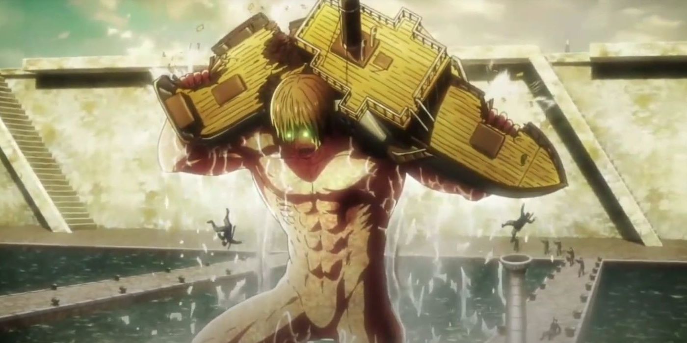 Eren as a titan breaking a ship.