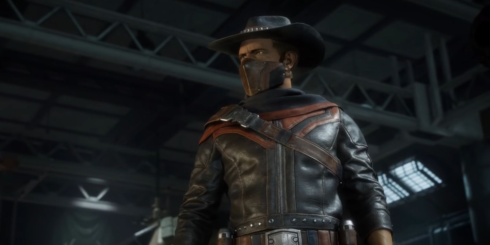 Erron Black, dressed like a cowboy, standing in a warehouse in Mortal Kombat 11.