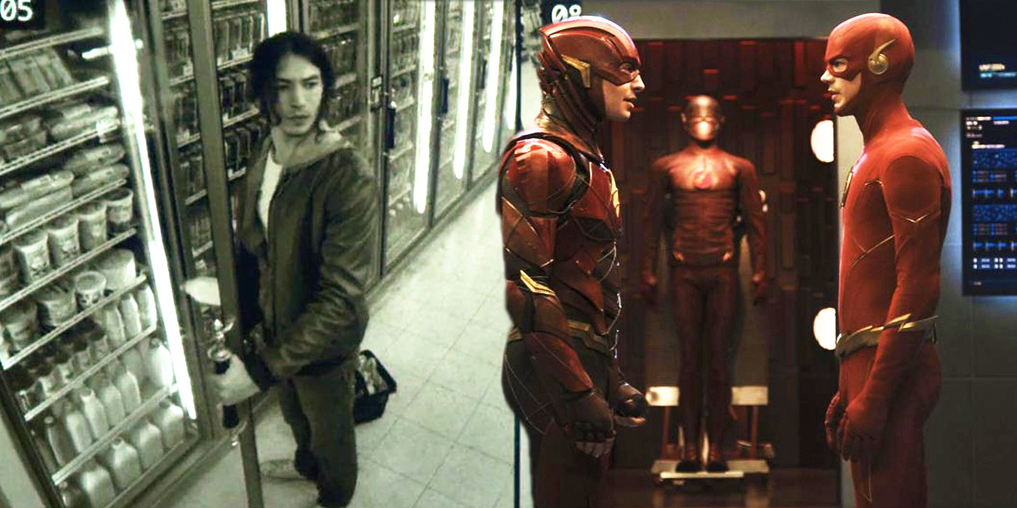 Ezra Miller as Barry Allen in Batman v Superman Dawn of Justice and with Arrowverse's Grant Gustin