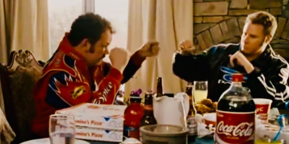 Ricky sits in front of a pile of Domino's pizzas in Talladega Nights
