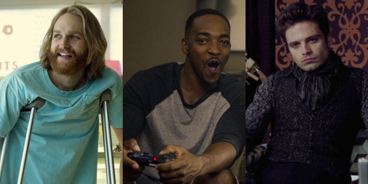 The feature image shows a split image of Wyatt Russell as Dud with crutches in Lodge 49, Stan Mackie as Danny Parker playing video games in Black Mirror, and Sebastian Stan as Jefferson interrogating Emma Swan in Once Upon a Time.