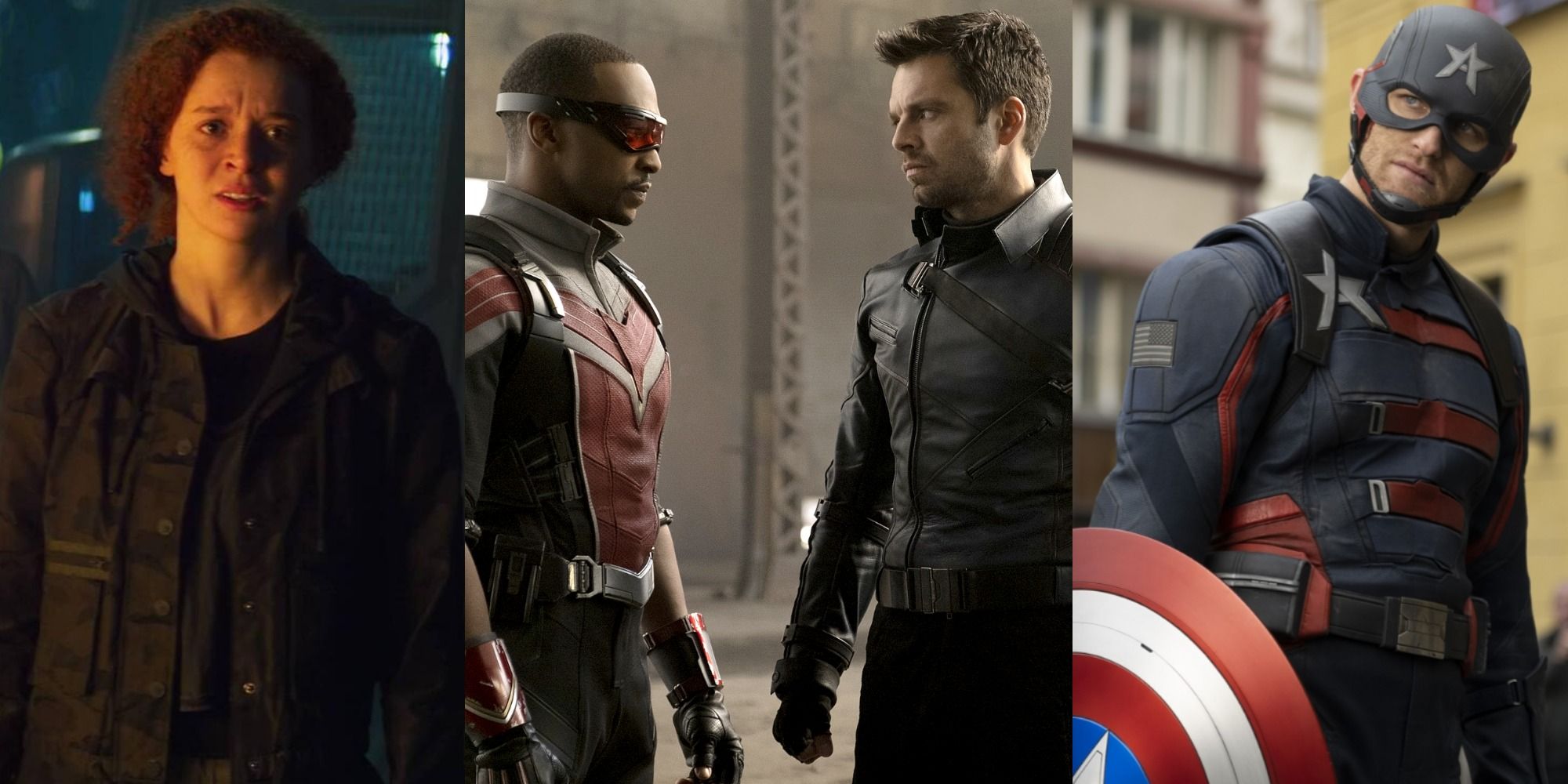 Split image of Karli, Sam and Bucky, and John Walker as Captain America