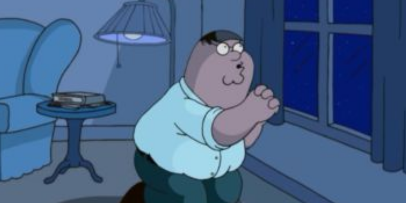 Peter Griffin kneeling in front of a window