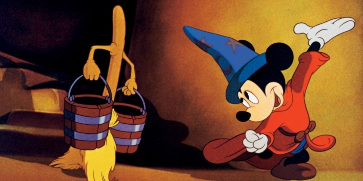 Sorcerer Mickey leading a broomstick carrying water in Fantasia.