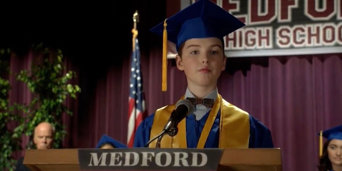 Sheldon graduates from high school and gives his valedictorian speech
