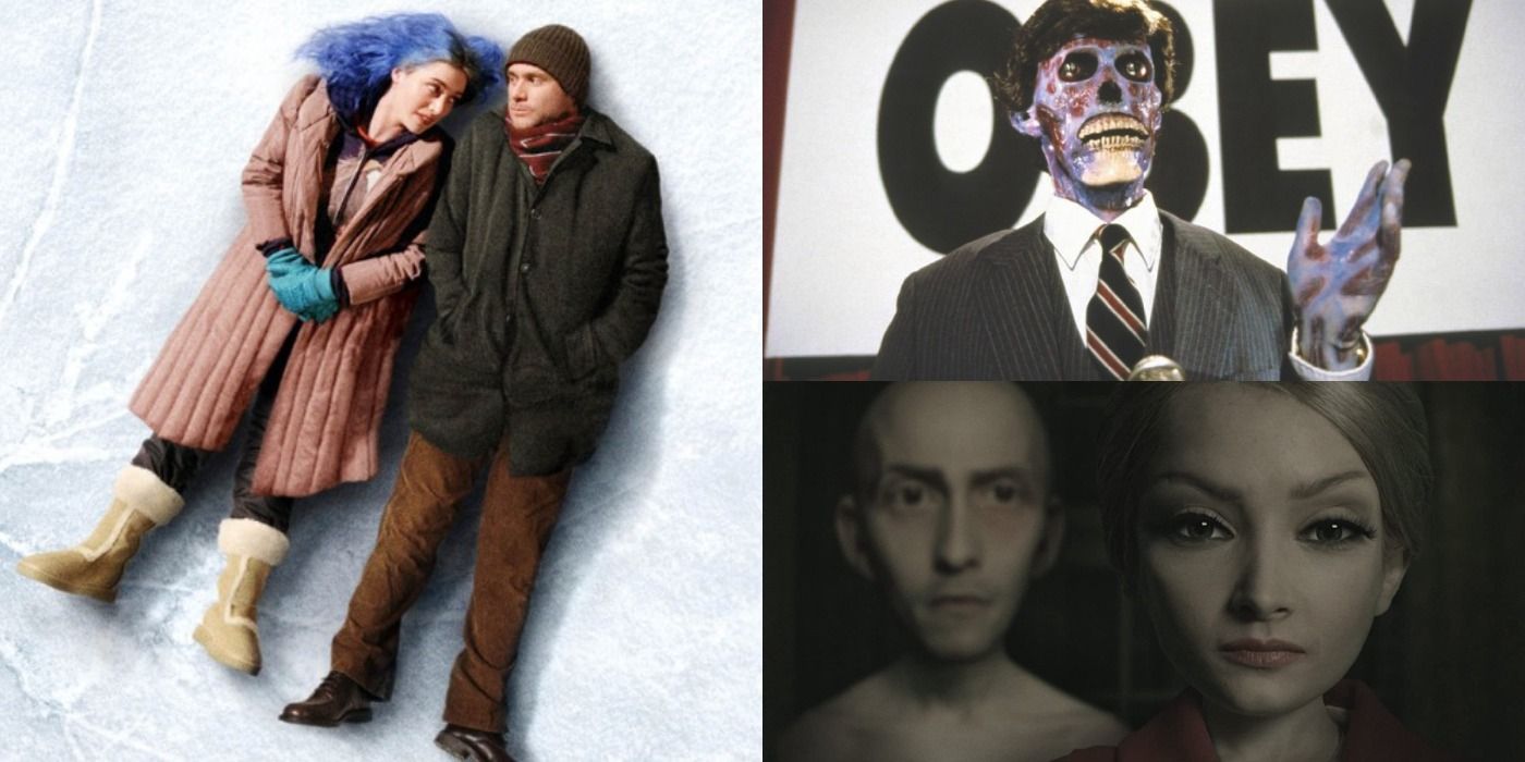Collage of images representing the best sci fi movies on Peacock - Eternal Sunshine of the Spotless Mind, They Live, and Metropia