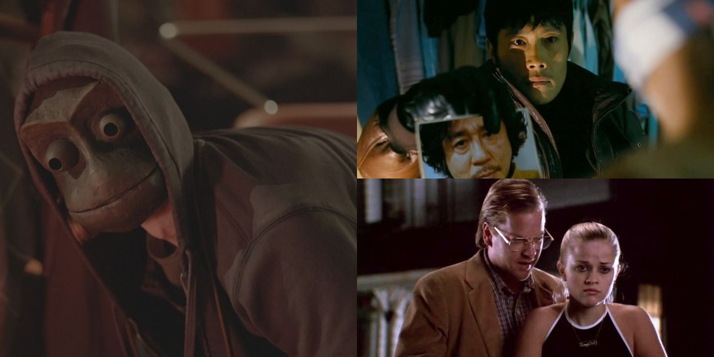 Collage of photos that include a man in a mask from I See You, Bob standing over Vanessa outside in Freeway, and Kim Soo-hyeon holding up a picture of a serial killer to someone else in I Saw The Devil