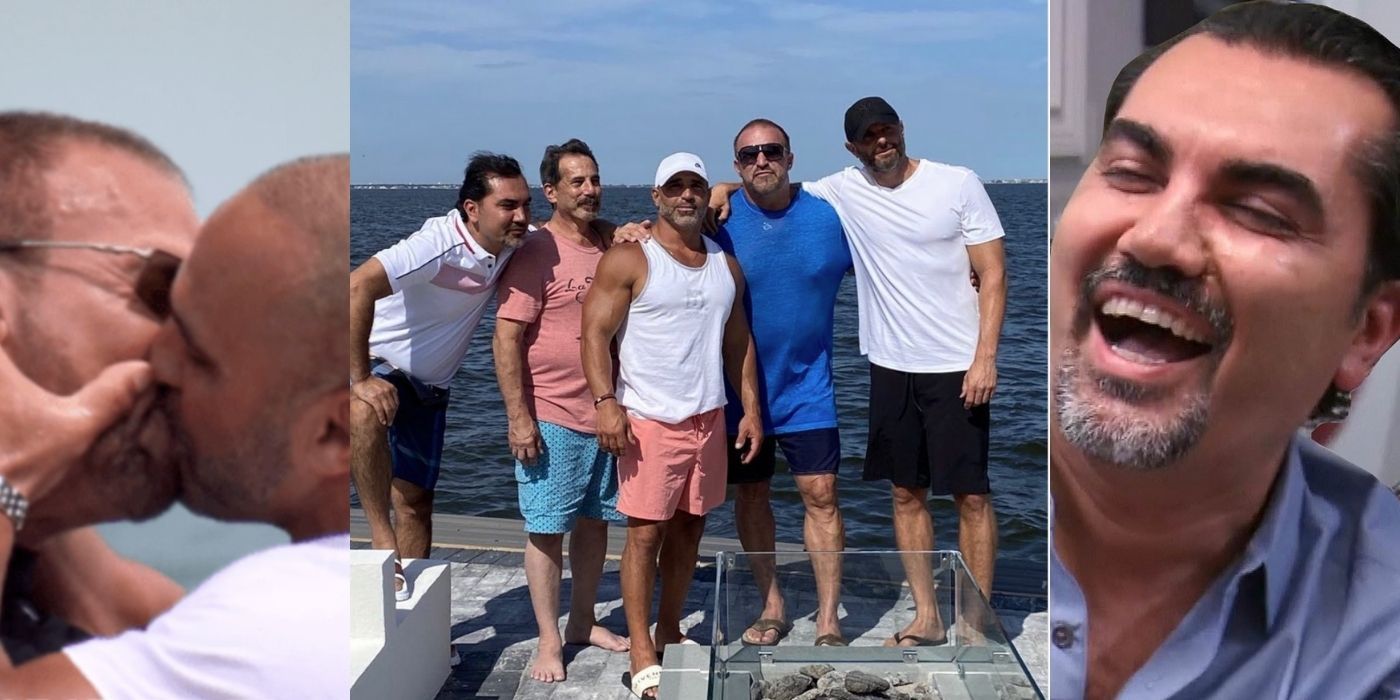 Three images of the husbands of RHONJ - Joe kisses Frank, the guys posing while on a boat, and bill laughing while on the show