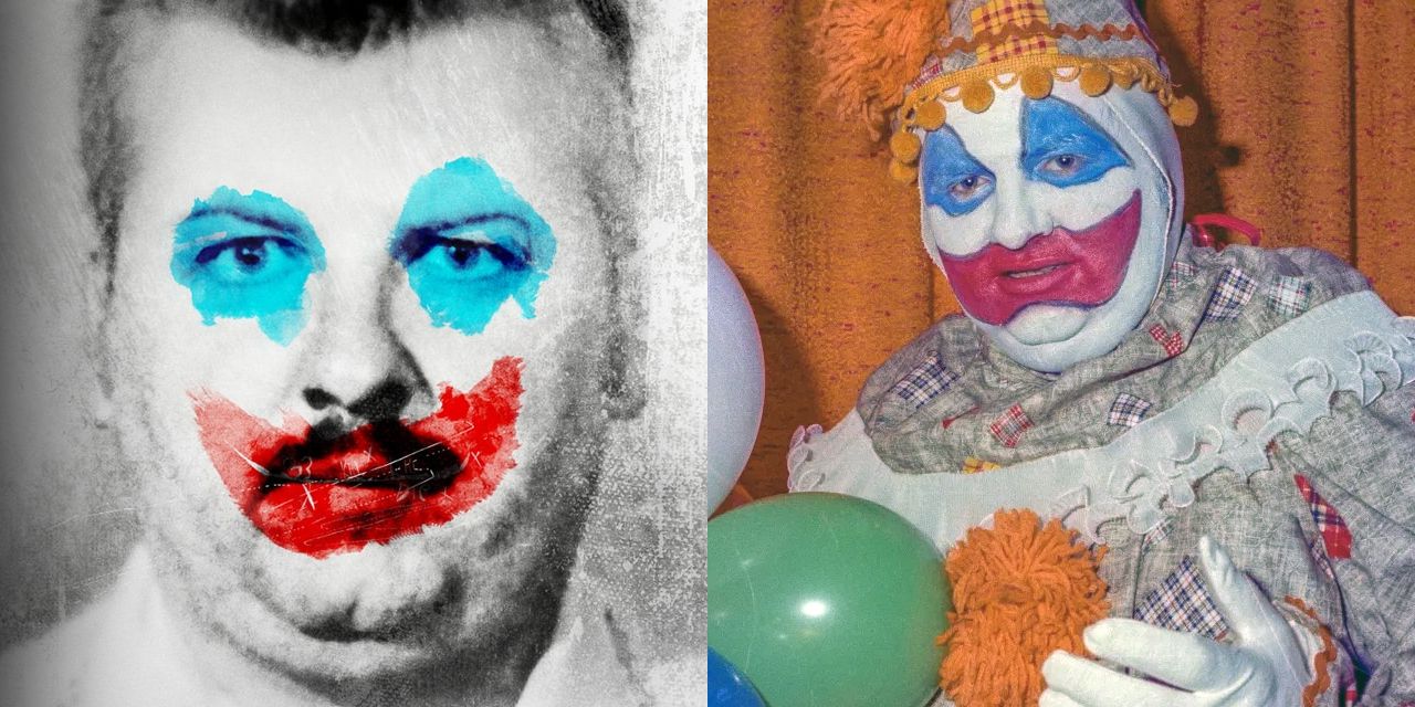 Feature image of John Wayne Gacy in and out of clown costume