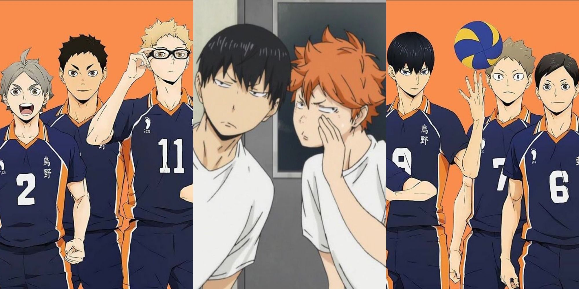 Main players of Karasuno High (on the sides) and Hinata and Kageyama (in the middle)