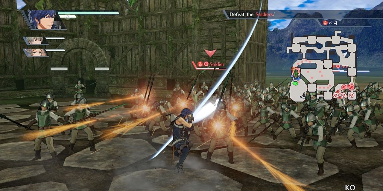 Chrom clashes with a ton of soldiers with his sword in Fire Emblem Warriors