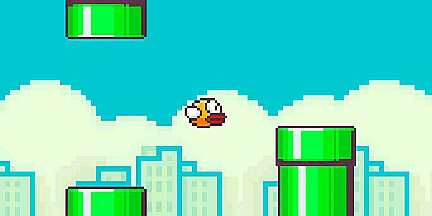 Gambar gameplay Flappy Bird yang menunjukkan seekor burung oranye menghindari rintangan hijau. 