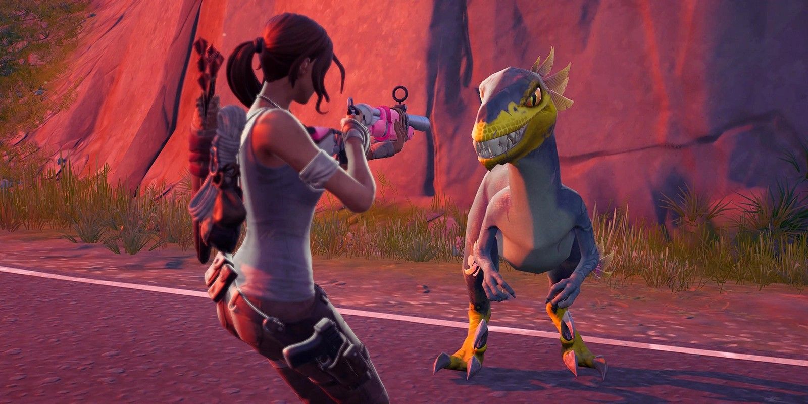 A player faces a raptor from Fortnite Season 6