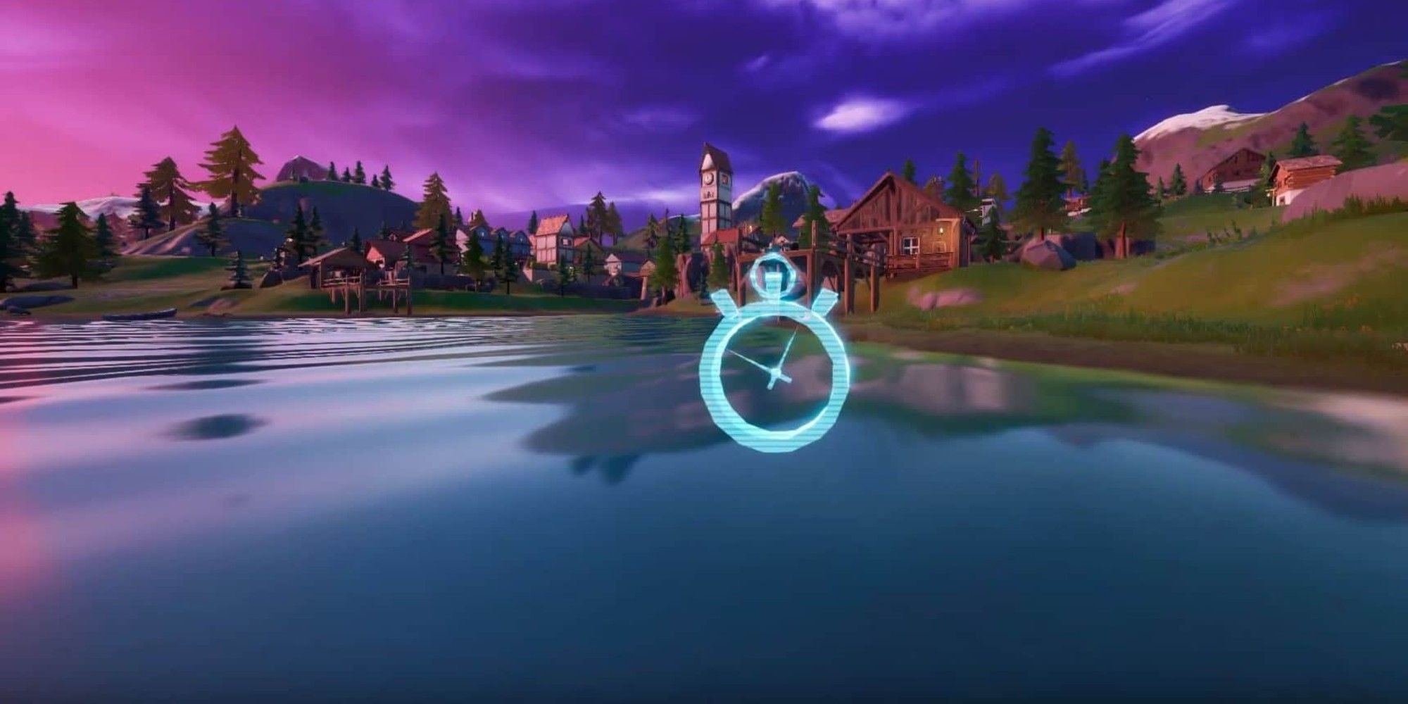 A Time Trial indicated by a glowing clock icon in Fortnite