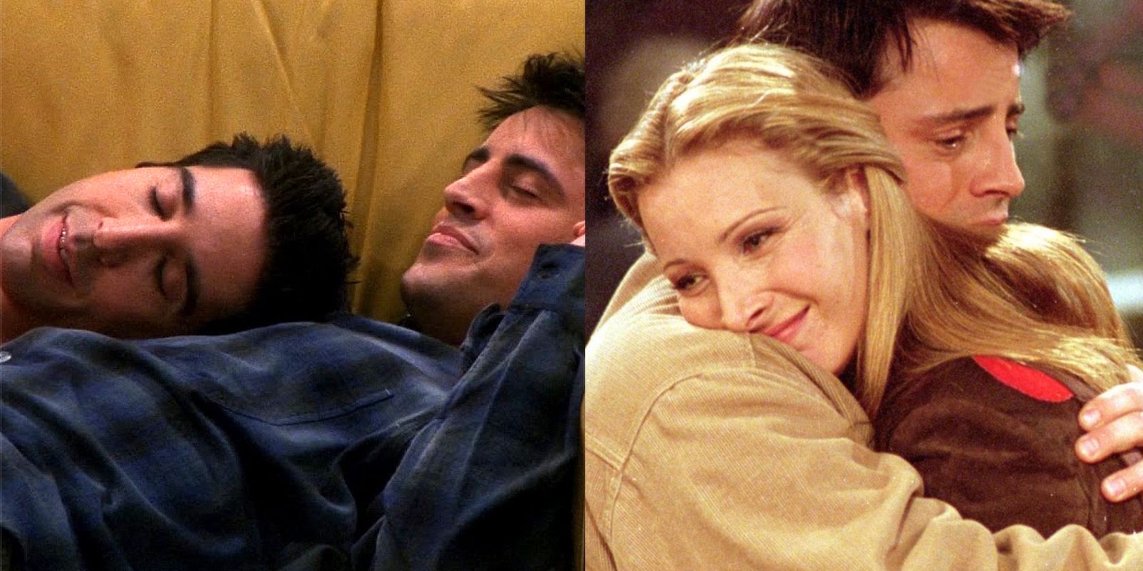 Split image of Ross laying on Joey and Joey hugging Phoebe
