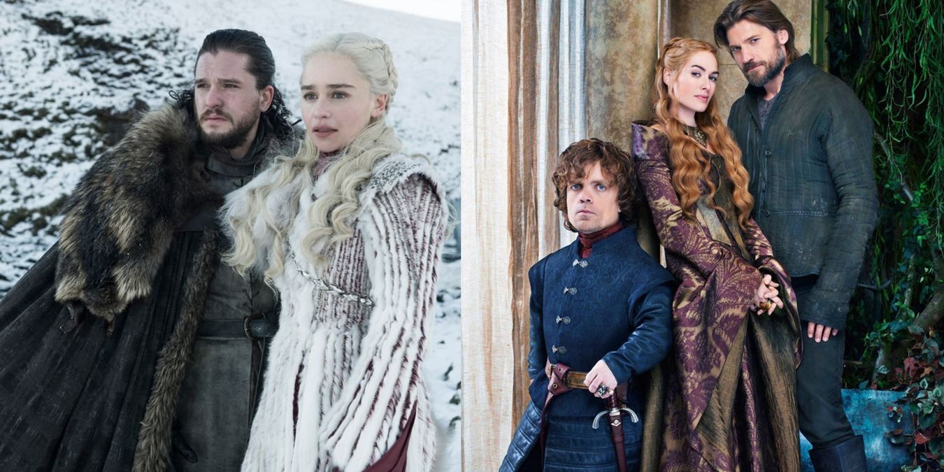 A side by side image of Jon and Daenerys and the Lannister siblings in Game of Thrones 