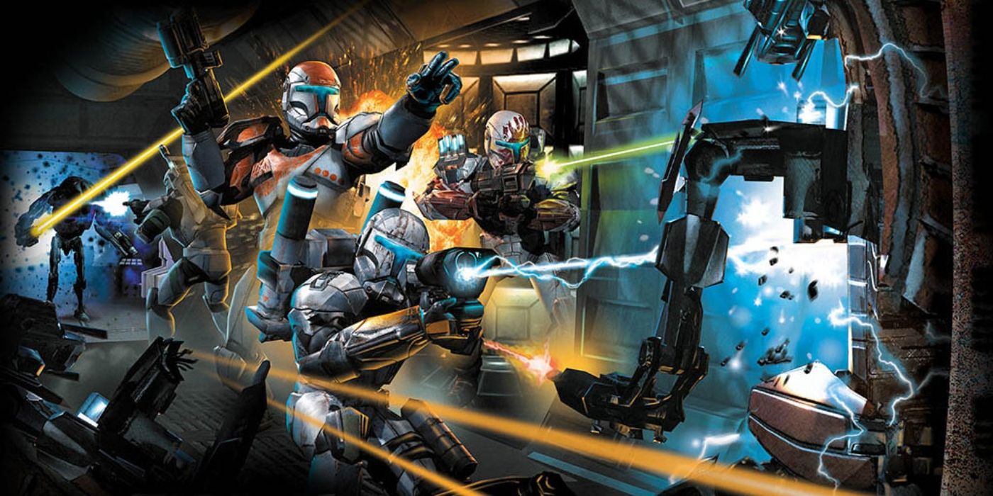 Star Wars: Republic Commando's Delta Squad battling droids in a hallway.