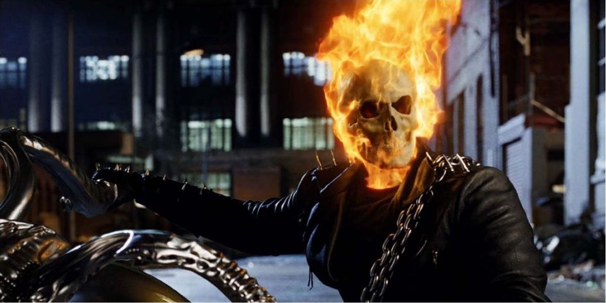 The Ghost Rider drives after demons on his bike, head ablaze