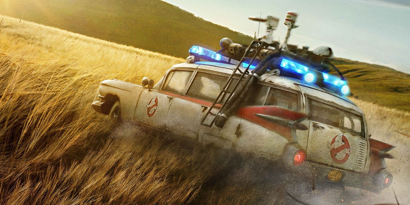 Scene with car from Ghostbusters driving in a field