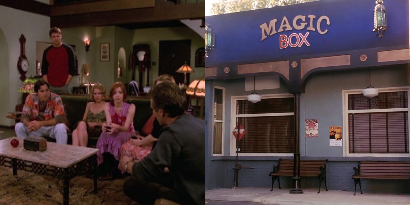 The main characters at Giles' apartment and the exterior of The Magic Box on Buffy The Vampire Slayer