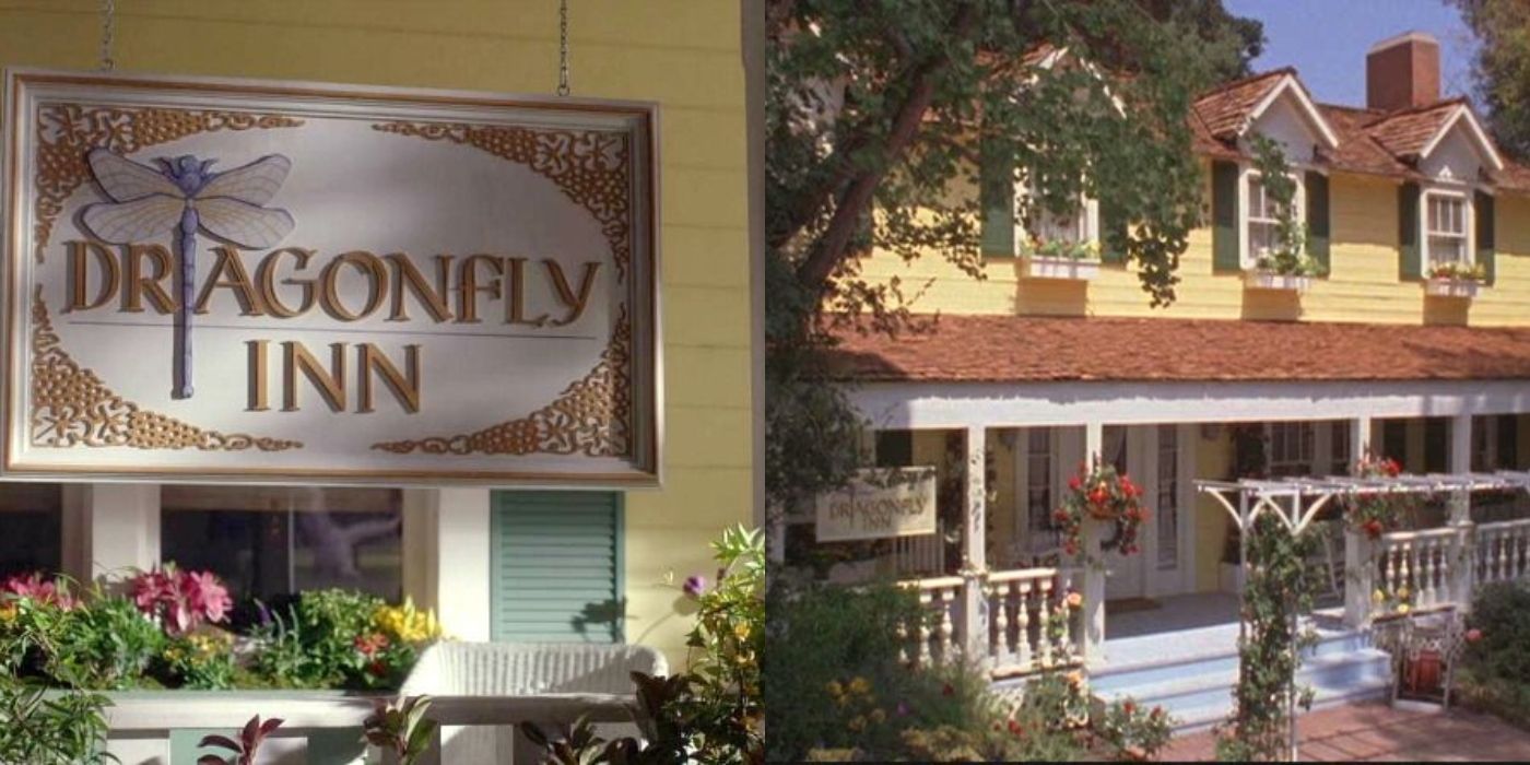 Split image of the Dragonfly Inn sign and outside on Gilmore Girls