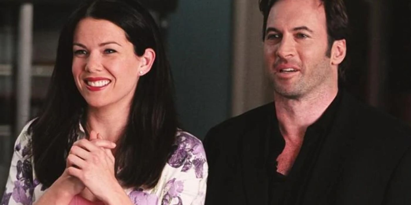 Lorelai and Luke smiling together on Gilmore Girls