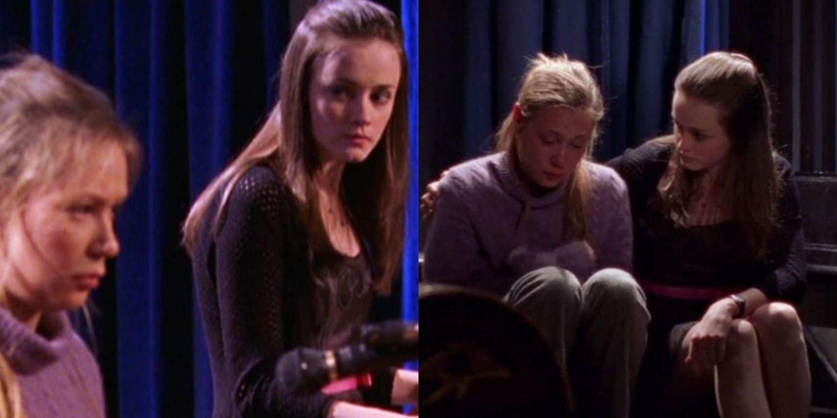Split image of Rory and Paris onstage and Rory comforting Paris in Gilmore Girls