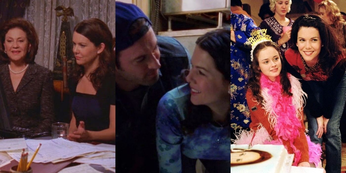 An image of Lorelai and Rory sitting at a table, Lorelai and Luke smiling, and Lorelai and Rory at Christmas in Gilmore Girls