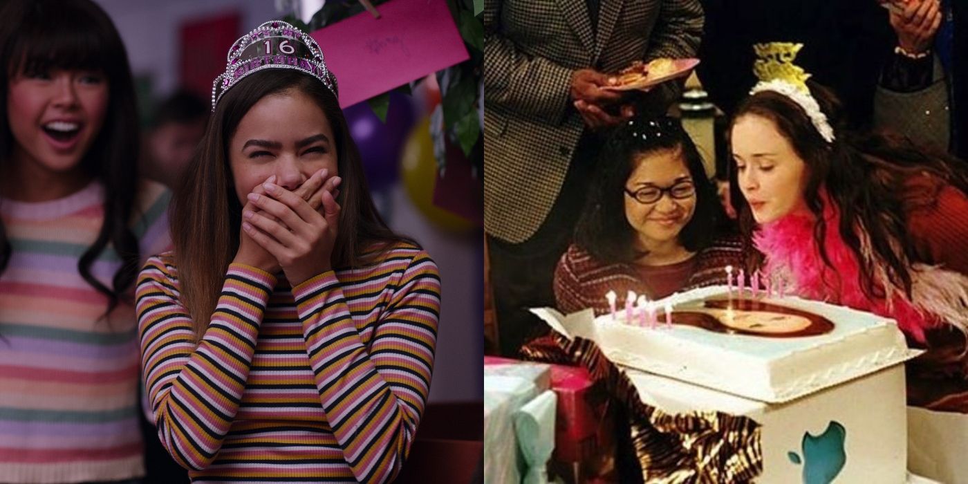 Ginny putting her hand over her mouth standing with Norah on Ginny & Georgia and Rory blowing out her 16th birthday cake on Gilmore Girls