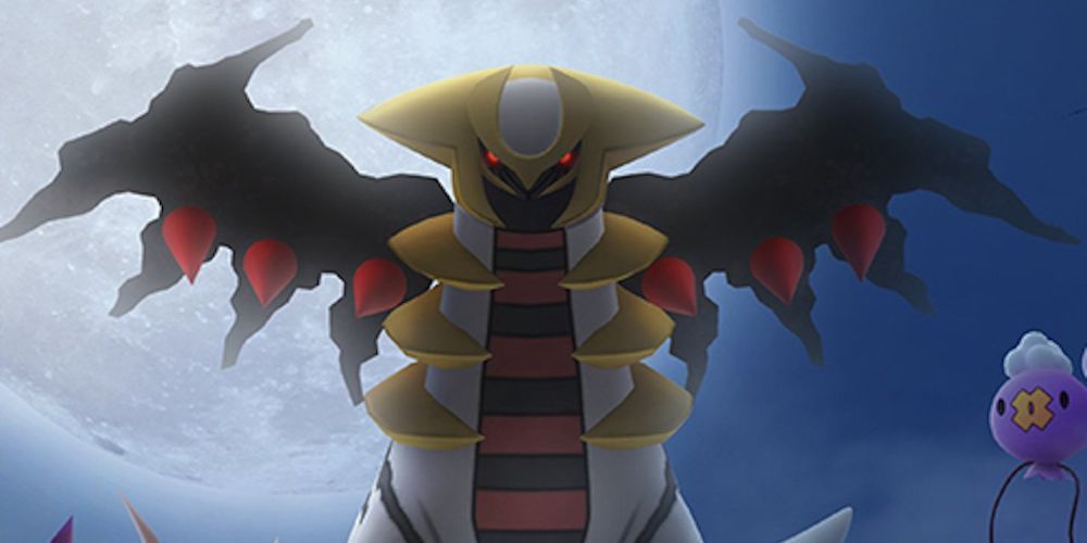 Giratina with the moon behind it in the Pokémon anime.