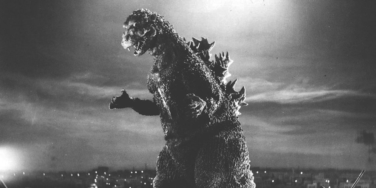 Black-and-white shot of Godzilla from the 1954 movie