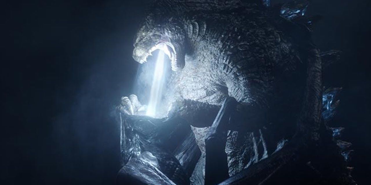 Godzilla kills the female MUTO with atomic breath into its mouth in Godzilla 2014