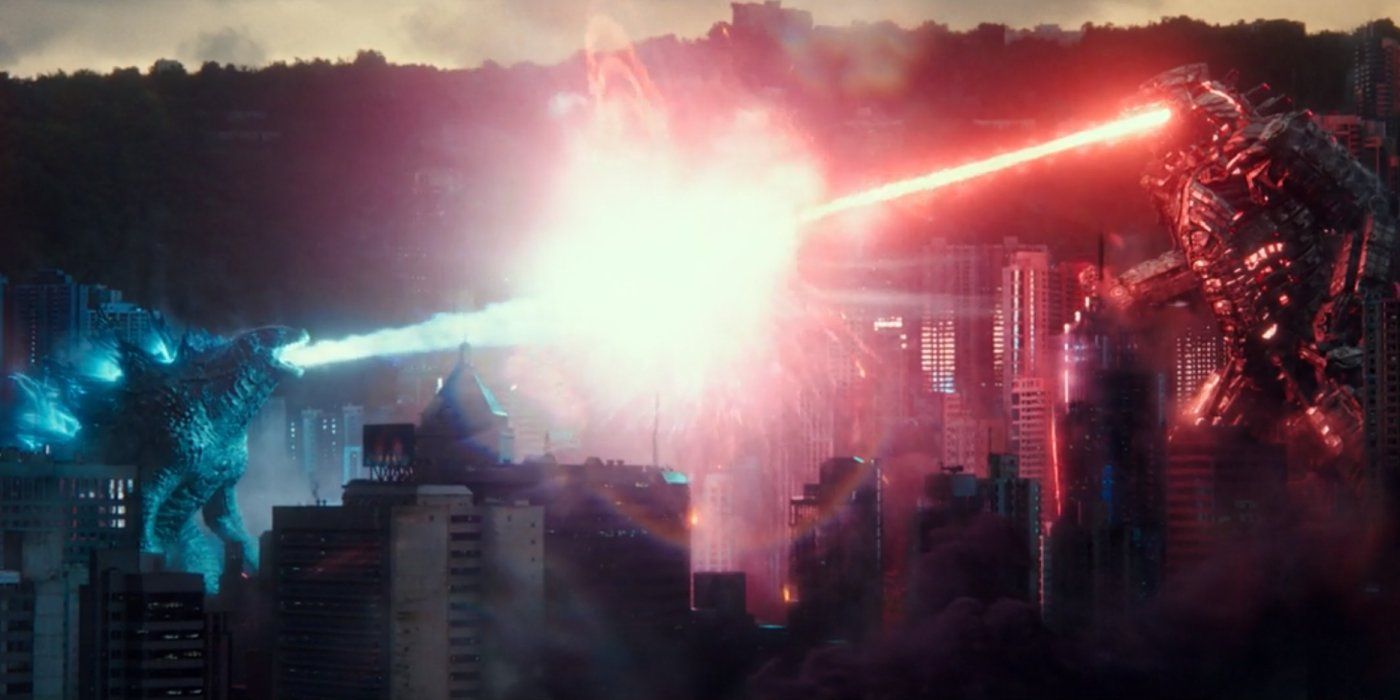 Godzilla in a laser battle with Mecchagodzilla